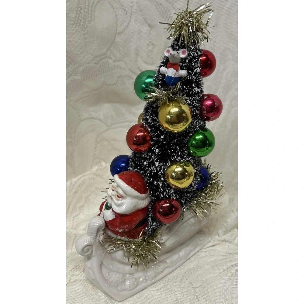 Vintage Porcelain Sleigh With Santa Claus, Mouse , Tree Assemblage‎ Display Gift